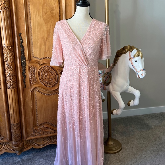 NWT Mac Duggal 35116 8 Pink Wrap Over 8 Flutter Sleeves Midi Beaded Dress Gown - Picture 10 of 10
